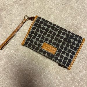 Kate Spade brown fabric clutch, leather details